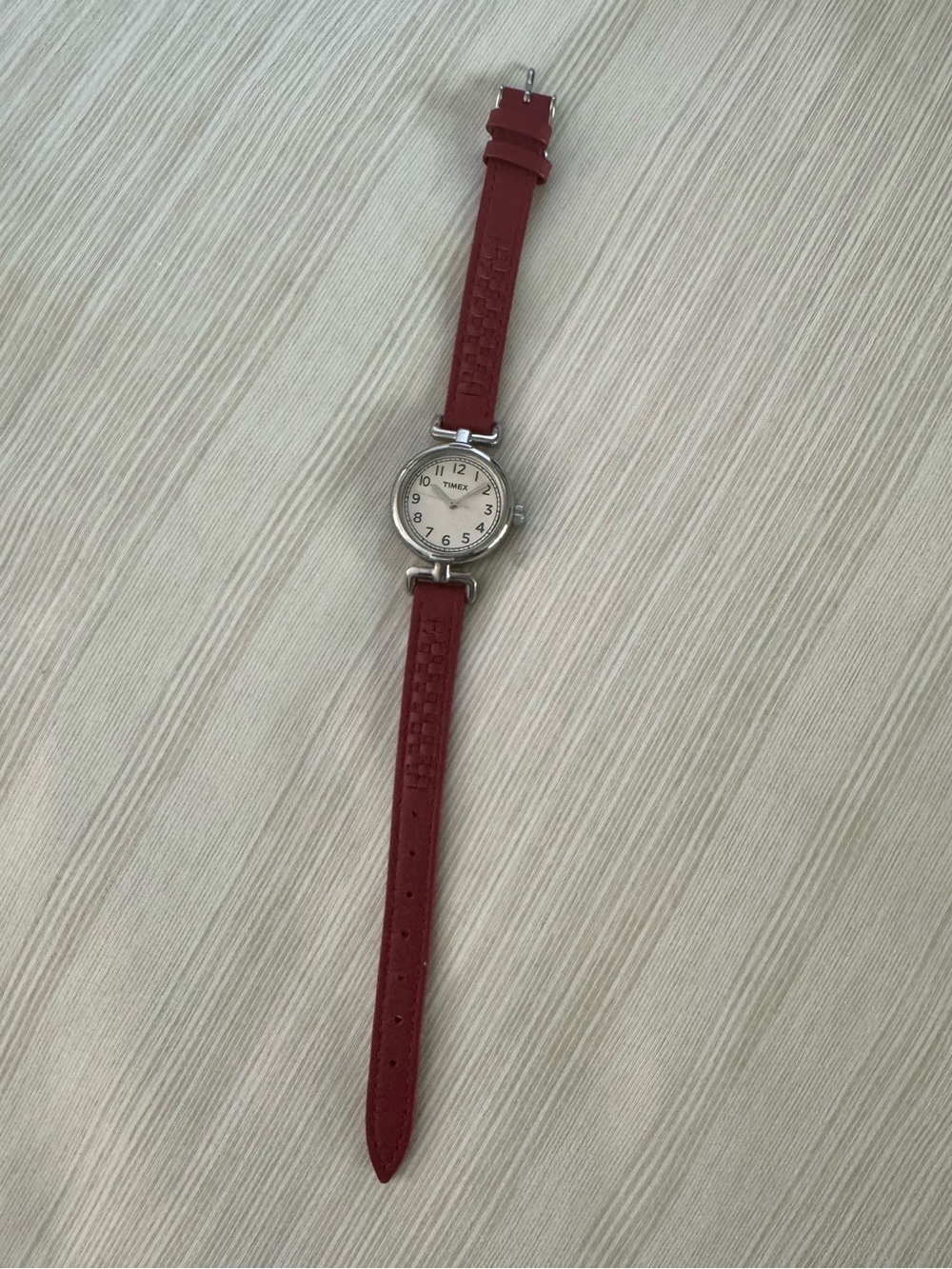 Vintage Timex Women's Red Leather Strap Silver Round Dial Watch